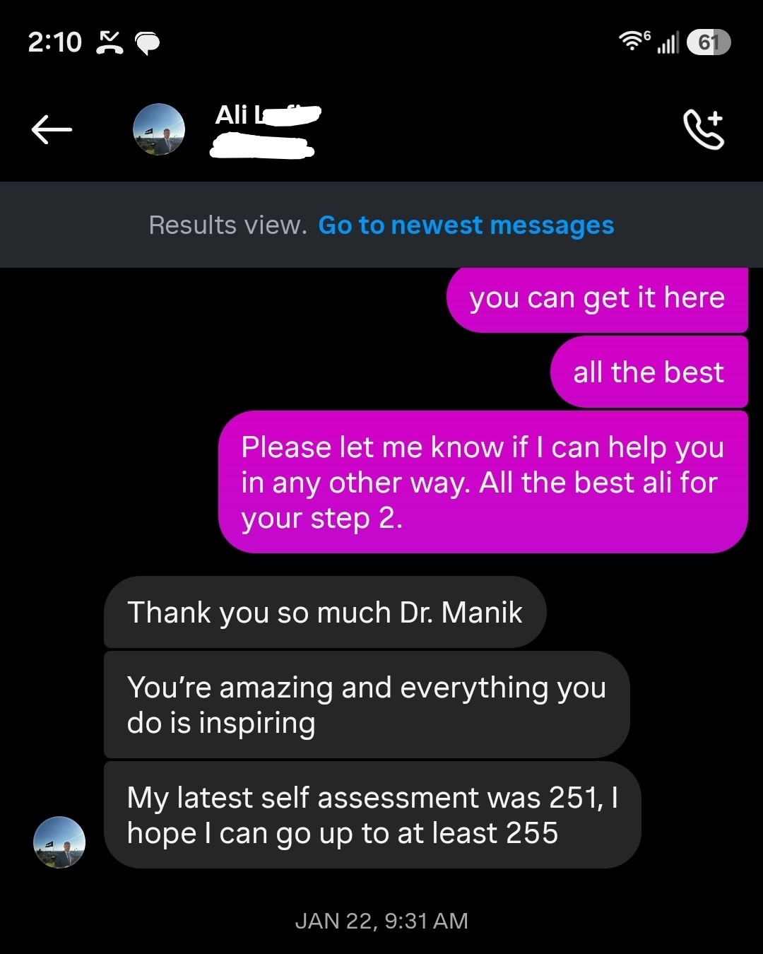 Student testimonial screenshot