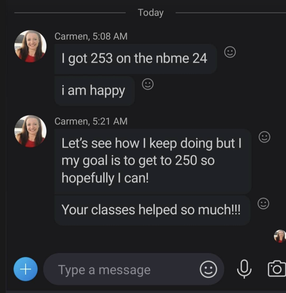 Student testimonial screenshot