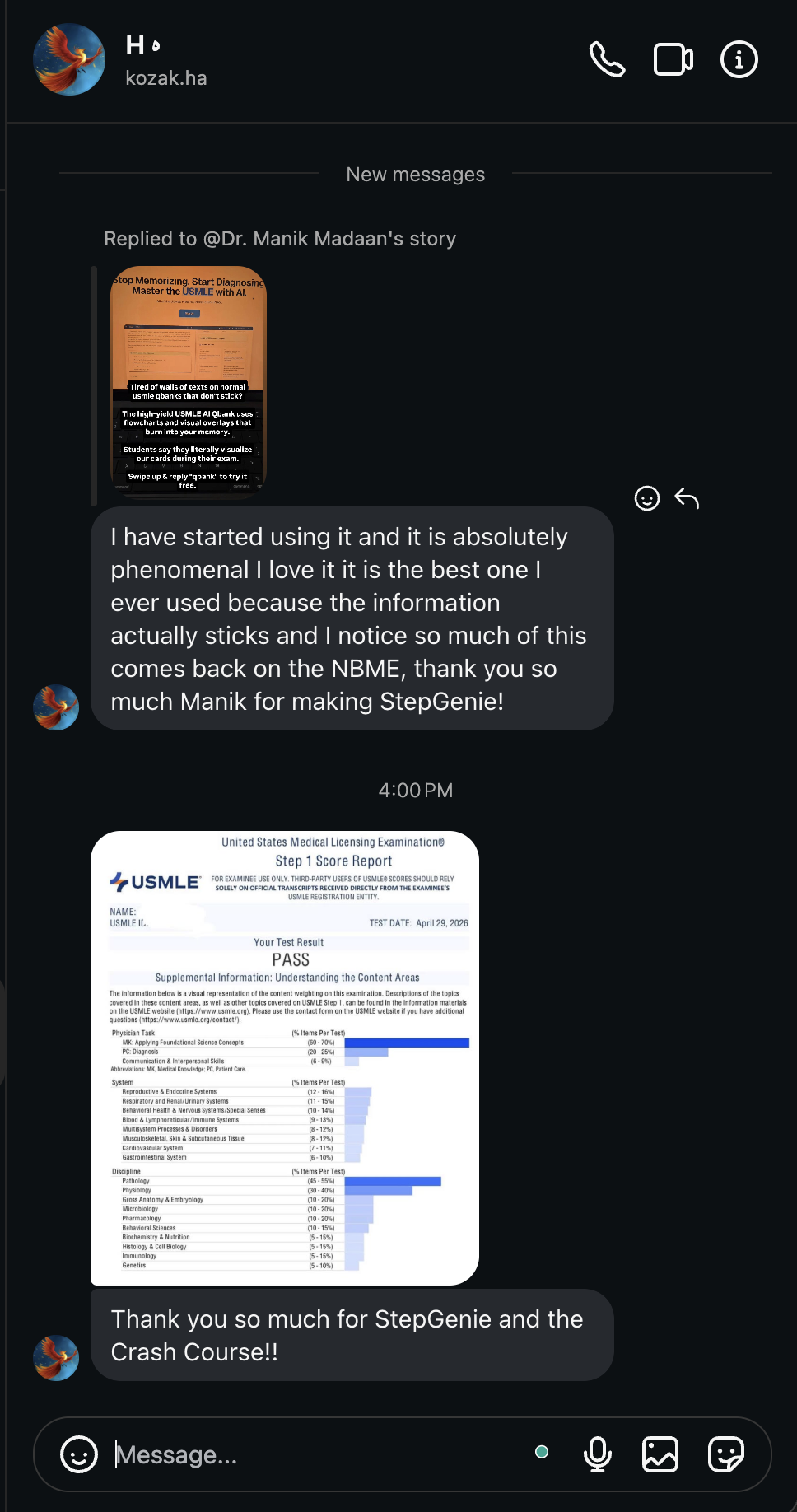 Student testimonial screenshot