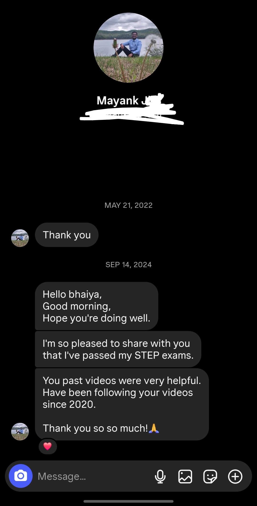 Student testimonial screenshot