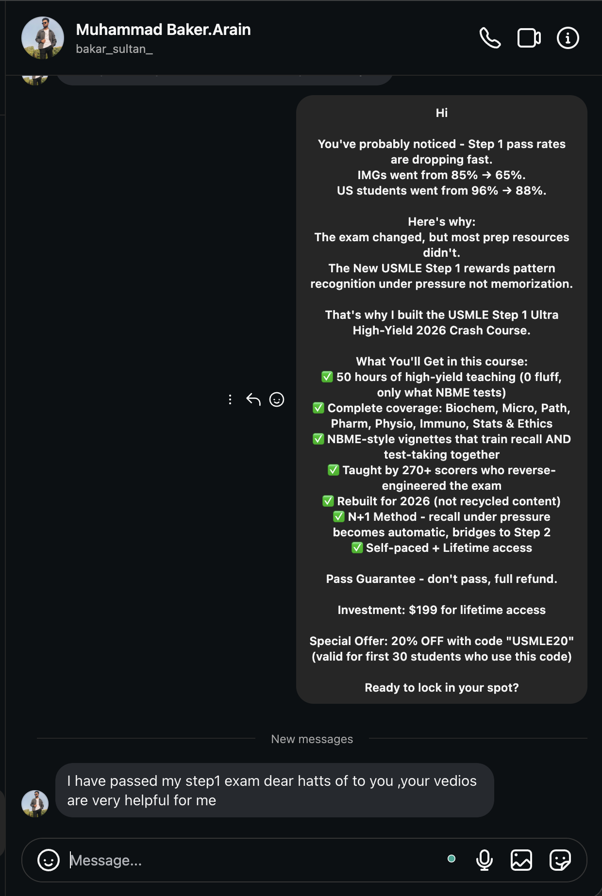 Student testimonial screenshot