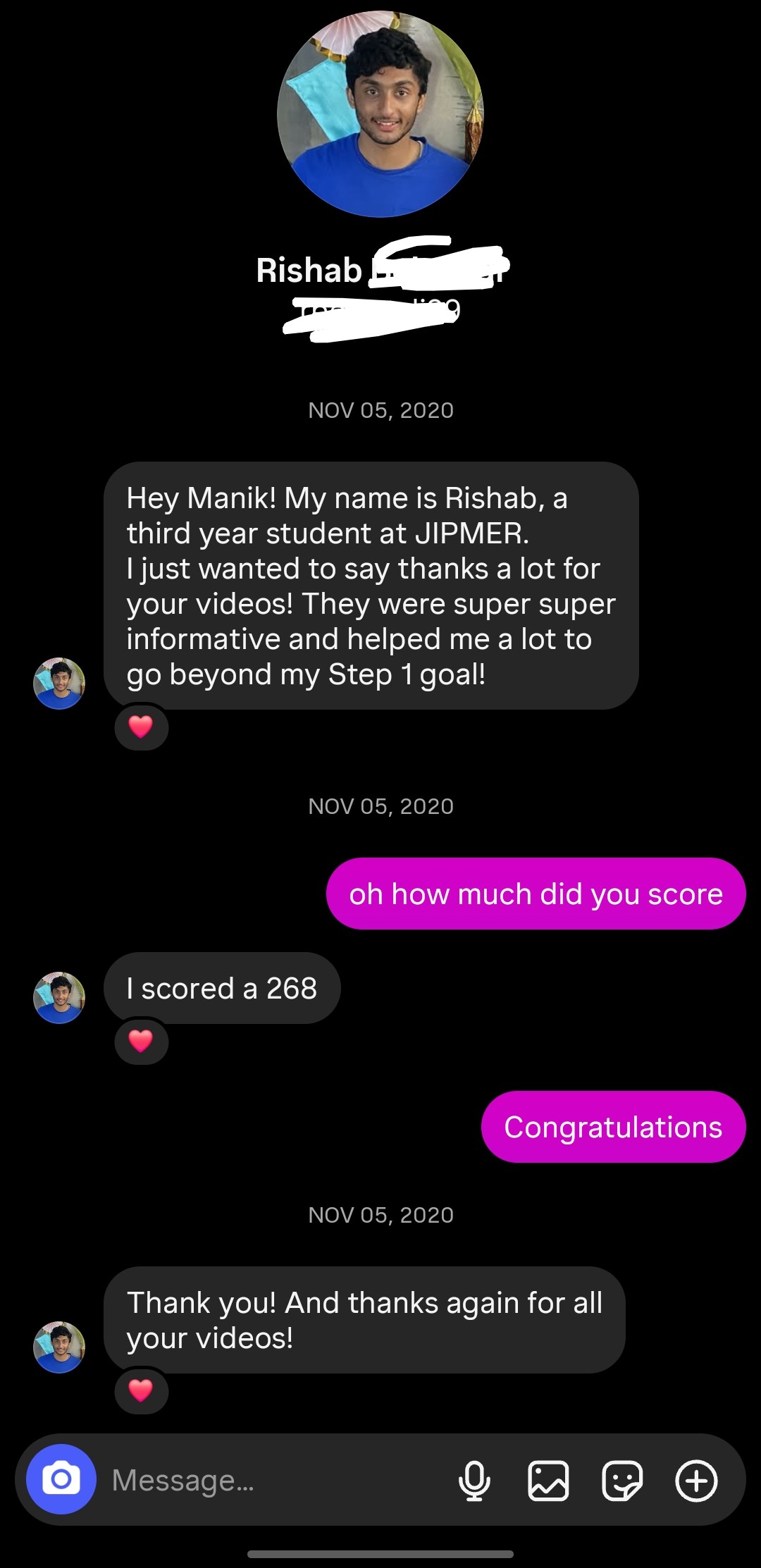 Student testimonial screenshot