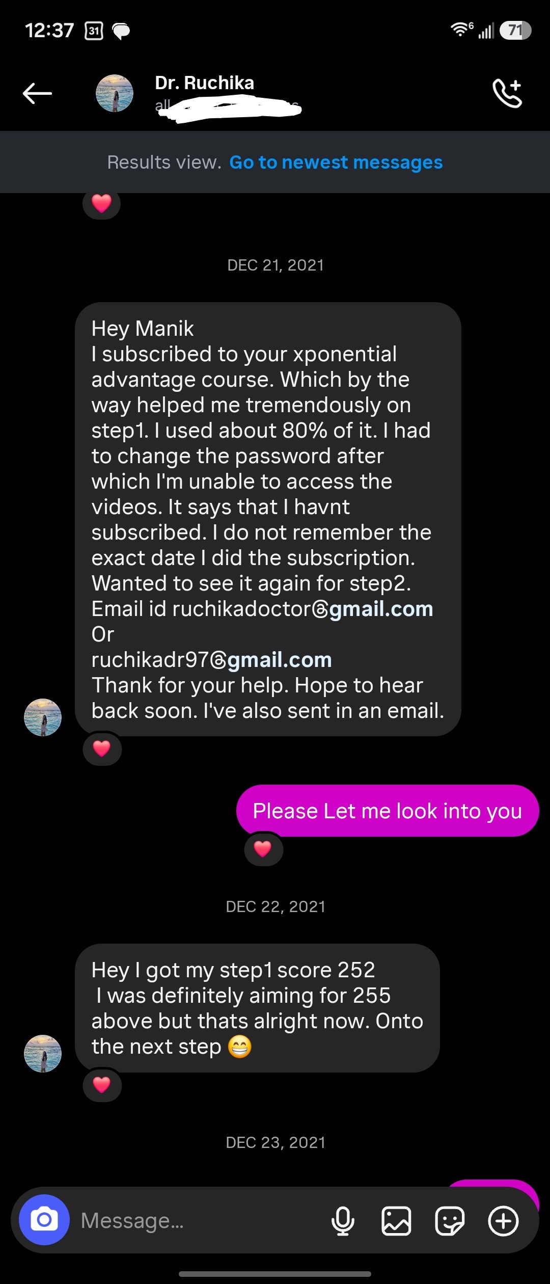 Student testimonial screenshot