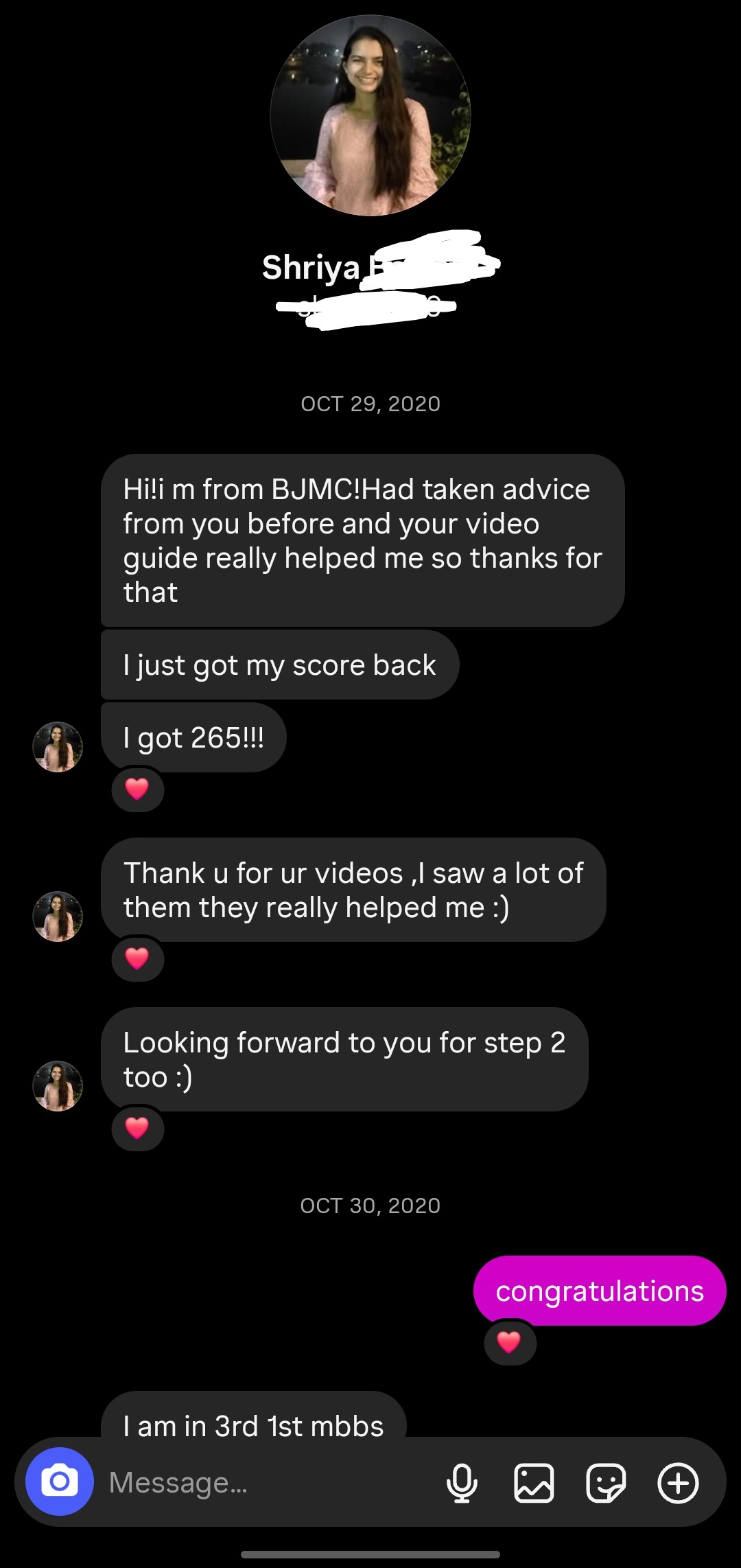 Student testimonial screenshot