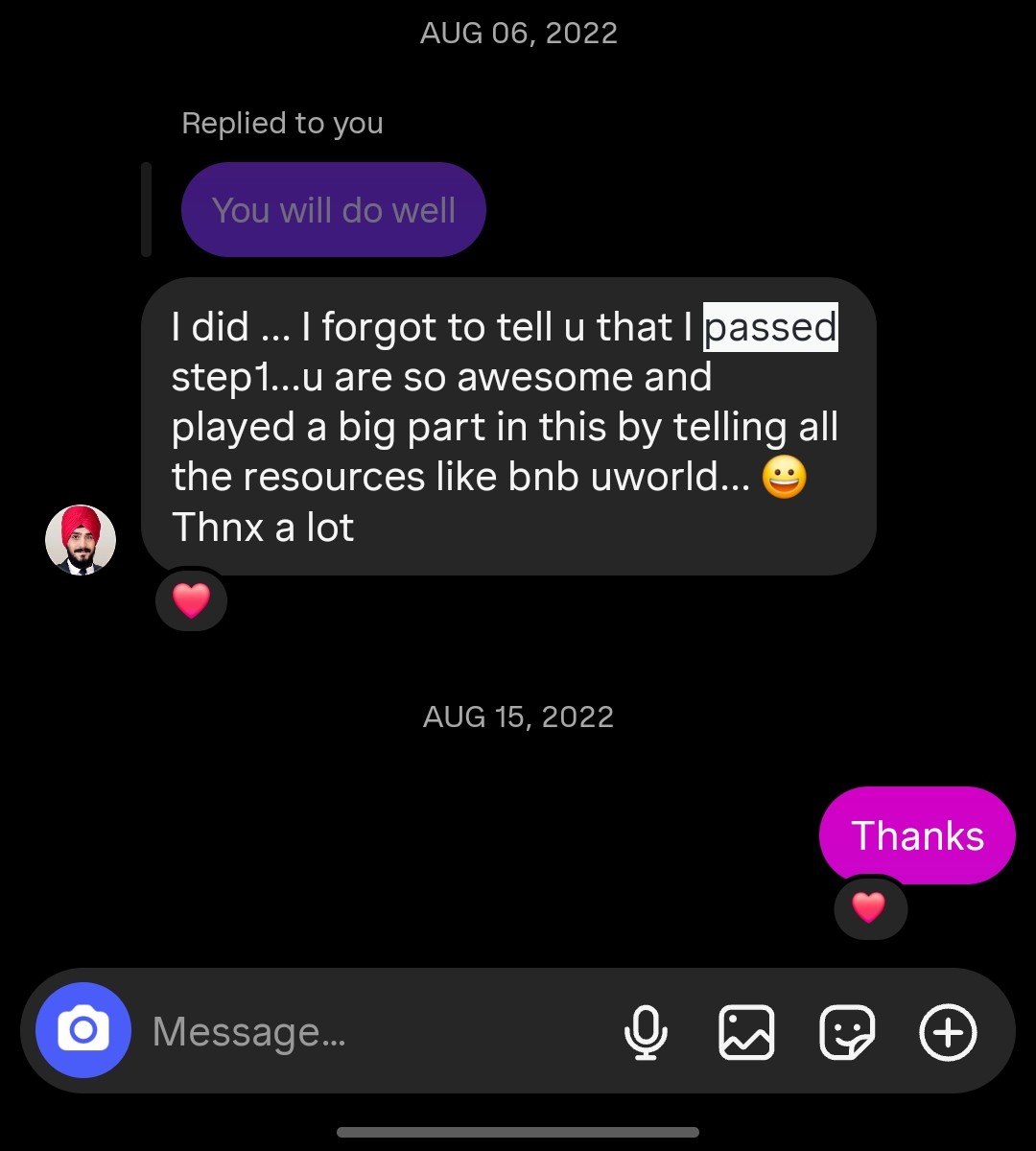 Student testimonial screenshot