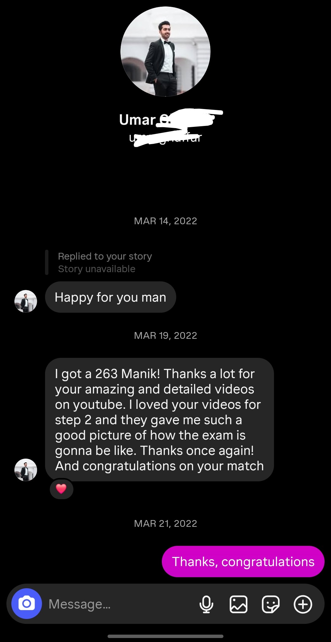 Student testimonial screenshot