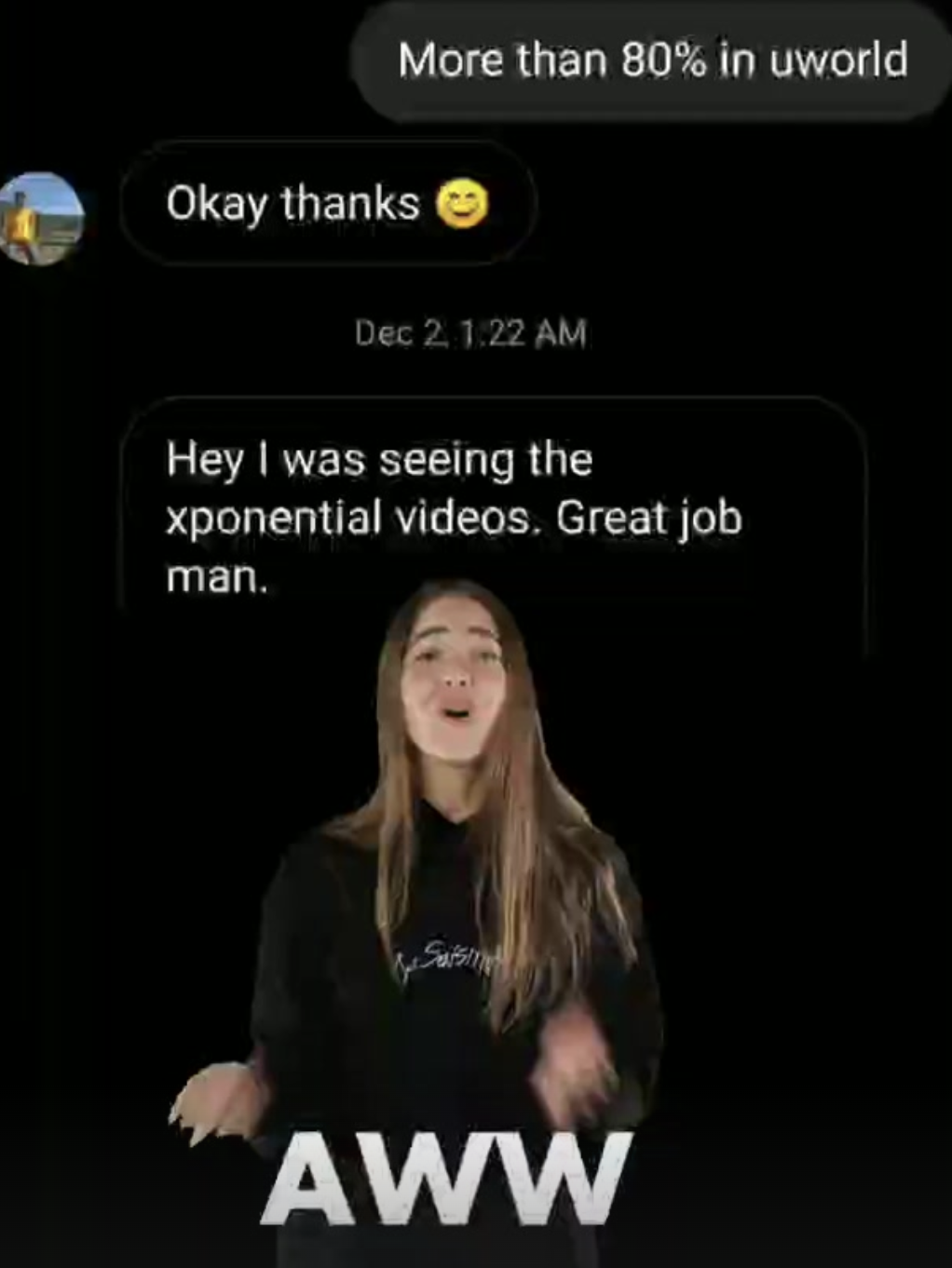 Student testimonial screenshot